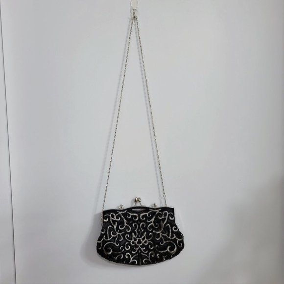 Black Beaded with Shimmery Pastel Ikat Pattern Satin Formal Evening Purse - Picture 5 of 7